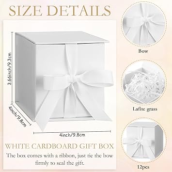 Photo 2 of  4 In Small Gift Box with Lid, Ribbon Bow and Shredded Filler Gift Wrapping Paper Box for Weddings, Graduations, Birthday, Christmas, Bridesmaid Proposal Gifts (White) 12 PCS