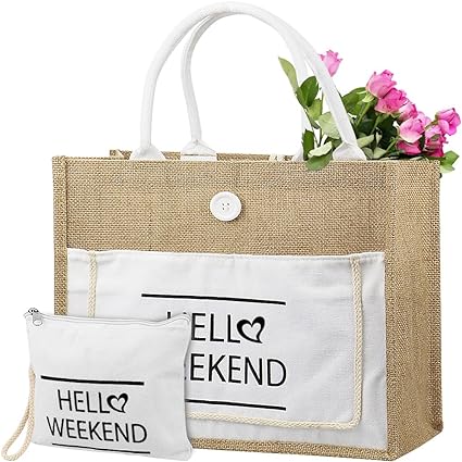 Photo 1 of  Jute Tote Bags, Burlap Beach Bags with Handles,Reusable Tote Grocery Shopping Bag, Big Capacity Waterproof Lining,Retro Flax Shoulder Bag with Canvas Pocket Bag(White,M)
