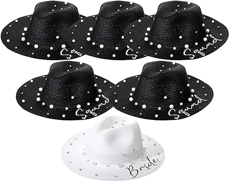 Photo 1 of 6 Pcs Bride Sun Hat Bachelorette Party Straw Hats Bridesmaid Adjustable Pearl Flat Brim Hat Bridal Shower Gift Beach Hat for Women Wedding Favors, White and Black