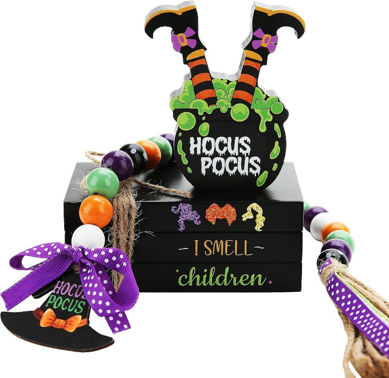 Photo 1 of  Halloween Hocus Pocus Tray Decor Hocus Pocus Wood Decorative Faux Books Stack Witch Legs Cauldron Sign Bead Garland I Smell Children Wooden Blocks Sign Table Home Decor