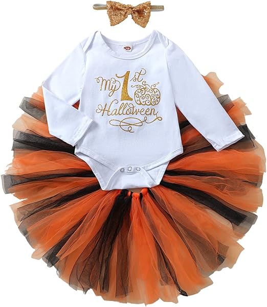 Photo 1 of Newborn Infant Baby Girl Halloween Skirts Set Outfits Kids Pumpkin Romper Tops Tulle Tutu Skirts Dress Clothes 3-6 MONTHS