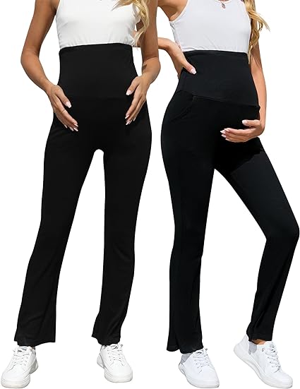 Photo 1 of Brynmama 2 Pack Maternity Pants with Pockets Stretchy Slim Pregnancy Leggings for Women Adjustable Waist Band LARGE