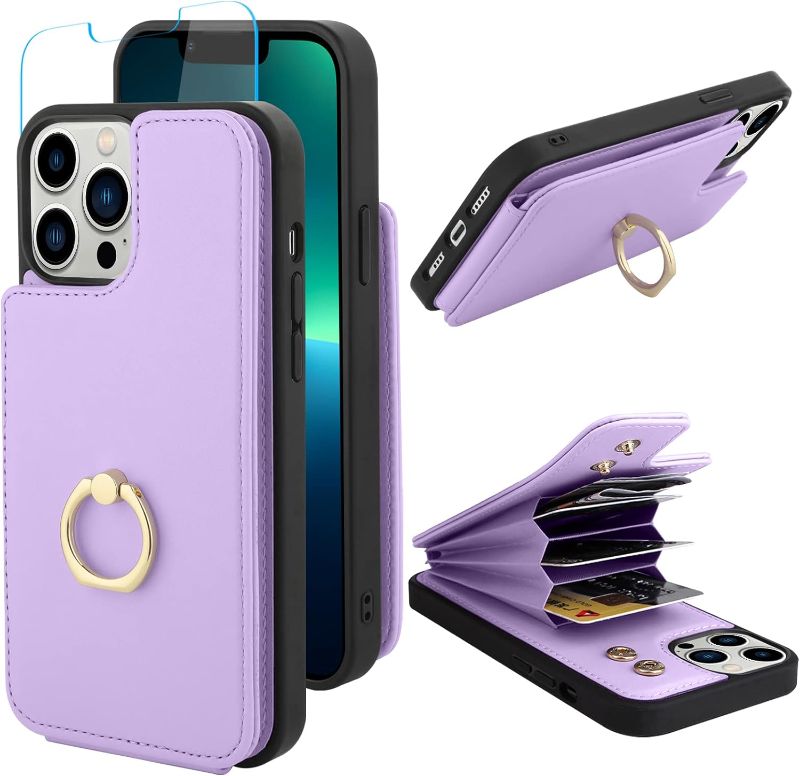 Photo 1 of MZELQ Compatible with iPhone 13 Pro Max Case Wallet, Card Holder Kickstand Mental Ring Leather for iPhone 13 Pro Max Case + Screen Protector, Card Slot iPhone 13 Pro Max Case for Girls Women -Purple