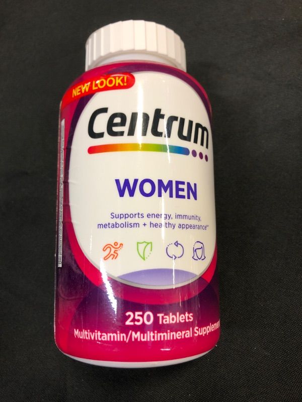 Photo 2 of Centrum Multivitamin for Women, Multivitamin/Multimineral Supplement with Iron, Vitamin D3, B Vitamins and Antioxidant Vitamins C and E, Gluten Free, Non-GMO Ingredients - 250 Count 250 Count (Pack of 1)  EXP 11/2023