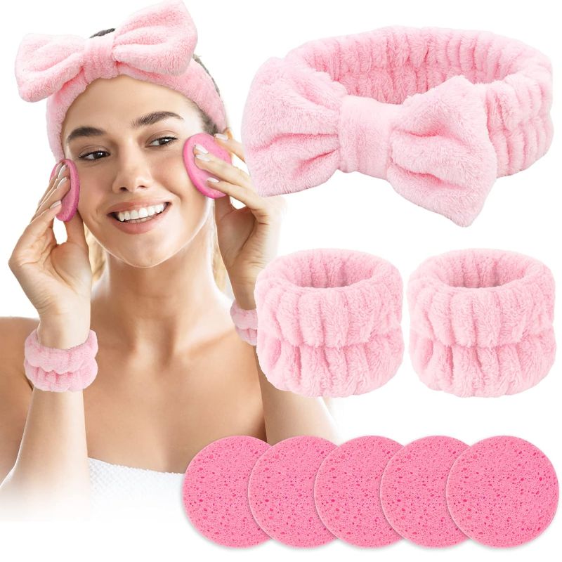 Photo 1 of  3PCS Spa Headband and Wristband Set, Face Wash Headband Facial Skincare Headbands Makeup Hair Band Wrist Towels Wrist Bands for Washing Face, with 5PCS Facial Sponges (Pink)