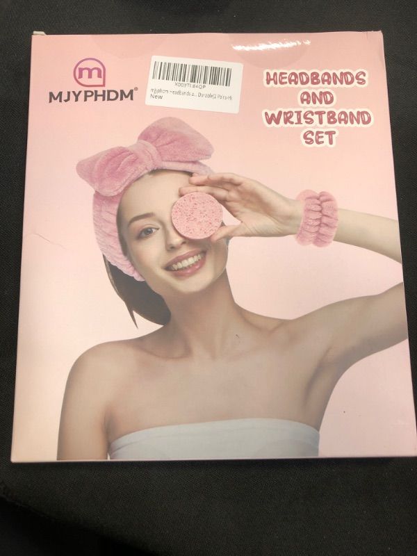 Photo 2 of  3PCS Spa Headband and Wristband Set, Face Wash Headband Facial Skincare Headbands Makeup Hair Band Wrist Towels Wrist Bands for Washing Face, with 5PCS Facial Sponges (Pink)