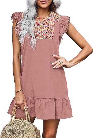 Photo 1 of  Women's Mini Dress Casual V Neck Floral Embroidered Ruffle Sleeveless Shift Dress Flowy Boho Dress MEDIUM