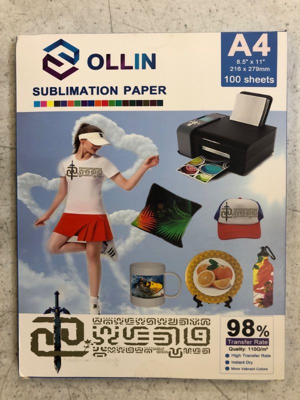 Photo 2 of OLLIN A4 Sublimation Paper 100 Sheets, 8.5" x 11" Size For EPSON CANON HP All Inkjet Printer With Sublimation Ink For Heat Transfer to T-Shirts and Ceramic Mugs
