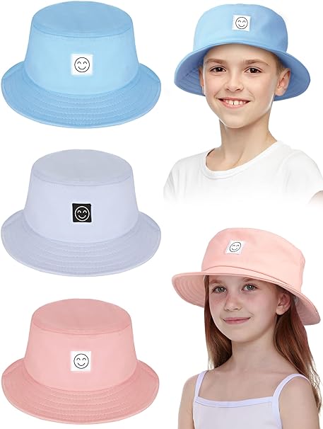 Photo 1 of 3 Pieces Kids Smile Face Bucket Hats, Summer Travel Bucket Sun Beach Hats Outdoor Visor Cap for Boys Girls (Blue, White, Pink)
