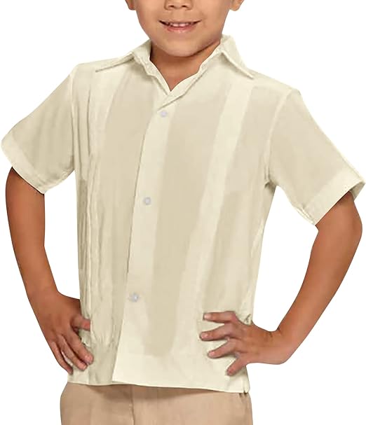 Photo 1 of Kids Boys Linen Guayabera Shirts Short Sleeve Button Down Spread Collar Summer Solid Plain Cuban Tops 6-8 YRS 