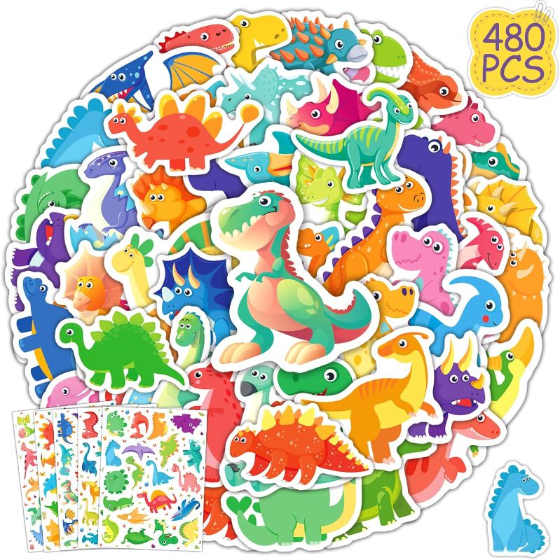 Photo 1 of Cute Dinosaur Stickers Pack - 480 PCS Water Bottles Stickers for Kids Boys Adults, Waterproof Vinyl Cute Dino Stickers Dinosaur Theme Party Supplies Gifts Decals for Kids Teens
