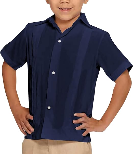 Photo 1 of Kids Boys Linen Guayabera Shirts Short Sleeve Button Down Spread Collar Summer Solid Plain Cuban Tops 3-4T
