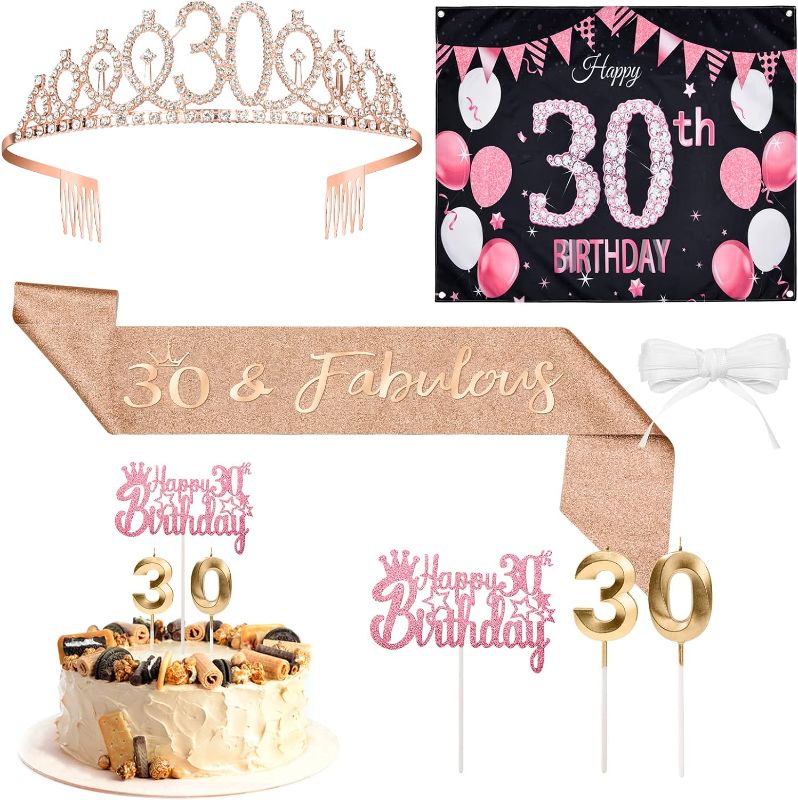 Photo 1 of 30th Birthday Gifts Decorations for Her - 30th Birthday Queen Sash and Tiara CrownCake Topper, Birthday Candles, 30th Birthday Tablecloth, 30th Birthday Gifts for Women Birthday Party Supplies (30th)
