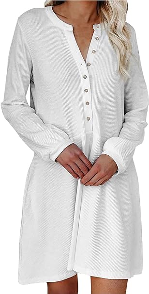 Photo 1 of BLENCOT Women's Casual Button Down Dress Long Sleeve Solid A Line Pockets Shirts Tunic Short Dresses S
