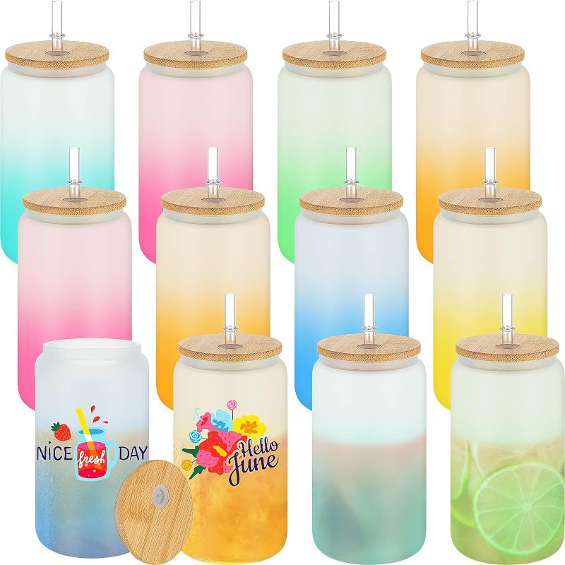 Photo 1 of 12 Pack Sublimation Glass Blanks 16oz Sublimation Color Changing Glass Cups Frosted Beer Can Tumbler Glass Wide Mouth Mason Jar Mug with Lids and Straws for Juice Iced Coffee Drinks (Gradient)
