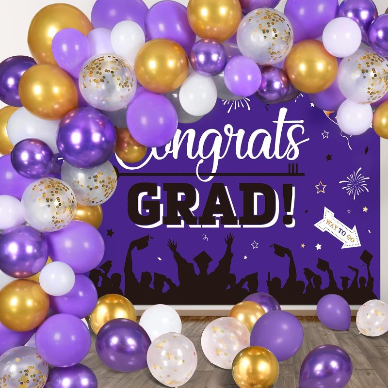 Photo 1 of 2023 graduation decorations, 80Pcs Graduation Balloons Set+ 1Pcs Graduation Photography Backdrop Banner for College High School Middle School Graduation Decor- Purple
