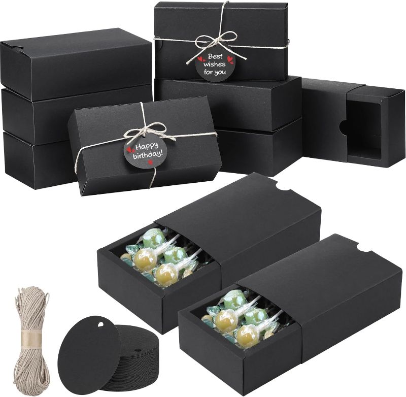 Photo 1 of  50 Sets 6.3 x 3.5 x 2 Inch Rectangle Kraft Boxes Drawer Gifts Box with Round Tags and Jute String for Candy Gift Wrapping Birthday Wedding Party Favors Decoration (Black)
