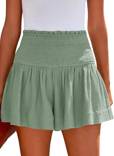 Photo 1 of ANGGREK Womens Summer Casual Shorts Loose High Elastic Waisted Pleated Ruffle Beach Shorts S
