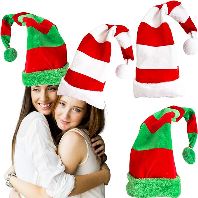 Photo 1 of Alaeseje Christmas Elf Hats,2 Pack Long Striped Felt Santa Hat & Elf Hat,Plush Christmas Felt Hats for Kids Adults,Christmas New Year Party Favors
