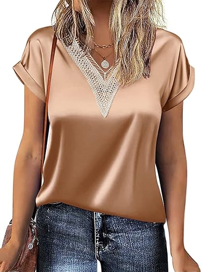 Photo 1 of Bydezcon Women Satin Blouse Silk Top Lace V-Neck Tunic Top Business Casual Office Work Shirt -- Size Small

