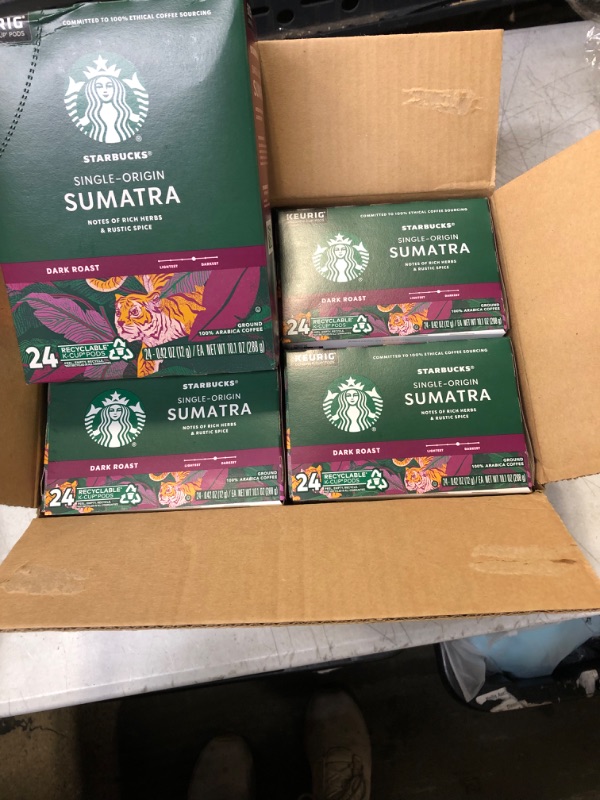 Photo 2 of 
Starbucks Coffee K-Cup Pods, Single-Origin Sumatra, Dark Roast Ground Coffee K-Cups with Earthy & Herbal Flavor, 24 CT K-Cup Pods Per Box (Pack of 4 Boxes) Exp 04/2024