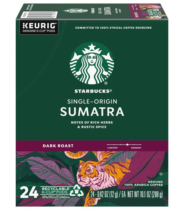 Photo 1 of 
Starbucks Coffee K-Cup Pods, Single-Origin Sumatra, Dark Roast Ground Coffee K-Cups with Earthy & Herbal Flavor, 24 CT K-Cup Pods Per Box (Pack of 4 Boxes) Exp 04/2024