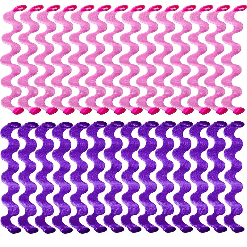 Photo 1 of 2 Pack Lot , 28 Pieces Heatless Wave Hair Curlers Formers Spiral Curls Hair Wave Curlers No Heat Styling Kit Spiral Hair Curlers with 2 Pieces Styling Hooks for Most Kinds of Hairstyles (Pink, Purple, 45 cm)