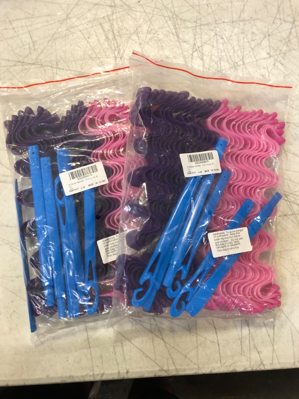 Photo 2 of 2 Pack Lot , 28 Pieces Heatless Wave Hair Curlers Formers Spiral Curls Hair Wave Curlers No Heat Styling Kit Spiral Hair Curlers with 2 Pieces Styling Hooks for Most Kinds of Hairstyles (Pink, Purple, 45 cm)