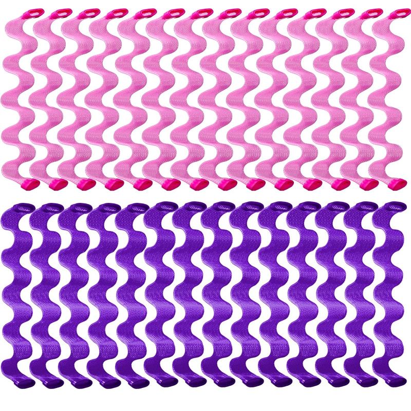 Photo 1 of 2 Pack Lot , 228 Pieces Heatless Wave Hair Curlers Formers Spiral Curls Hair Wave Curlers No Heat Styling Kit Spiral Hair Curlers with 2 Pieces Styling Hooks for Most Kinds of Hairstyles (Pink, Purple, 45 cm)