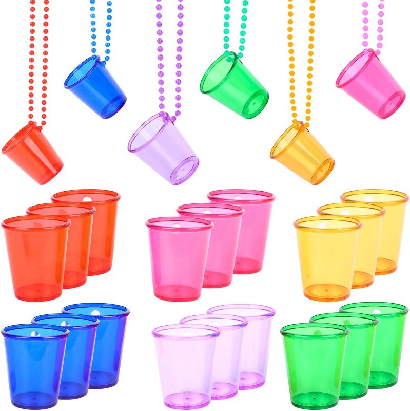 Photo 1 of 18 Pieces Shot Glass on Beaded Necklaces Plastic Shot Glass Necklace Shot Cup Favors for Adults and Teens Groom and Bride Supplies for Birthday (6 Colors)