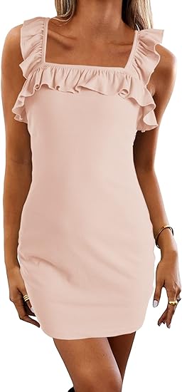 Photo 1 of CNJFJ Women Sleeveless Bodycon Ruched Short Dress Cute Ruffles Square Neck Summer Tank Mini Dresses Off White Size M
