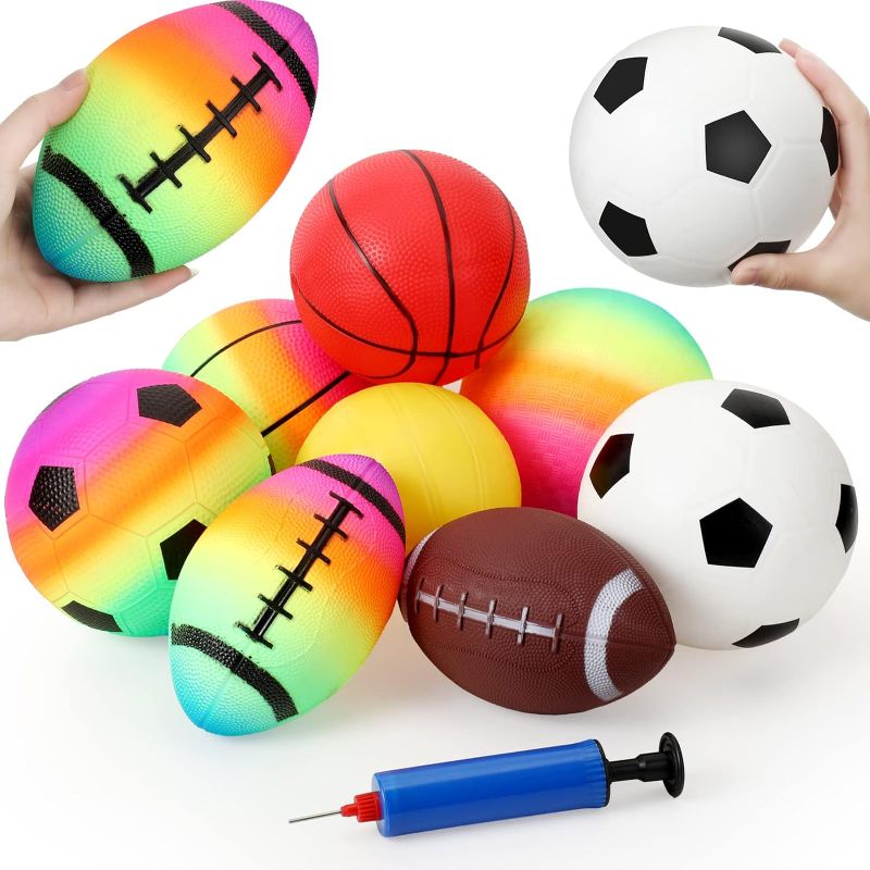 Photo 1 of 16 Pcs Kids Playground Ball Rainbow Sports Balls Kick Ball for Toddlers Inflatable Vinyl Balls with 1 Pump Including Basketball Volleyball Rugby Football for Indoor Outdoor School Balls Game