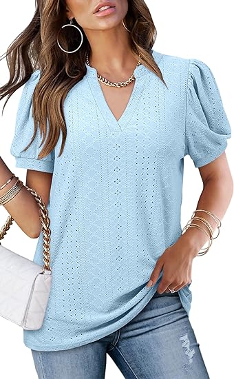 Photo 1 of ANGGREK Womens Summer Tops Puff Sleeve Eyelet Notch V Neck Casual Hollow Out T Shirts Light Blue Size XL