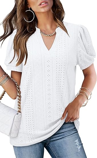 Photo 1 of ANGGREK Womens Summer Tops Puff Sleeve Eyelet Notch V Neck Casual Hollow Out T Shirts White Size M