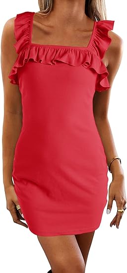 Photo 1 of CNJFJ Women Sleeveless Bodycon Ruched Short Dress Cute Ruffles Square Neck Summer Tank Mini Dresses Red Size XS