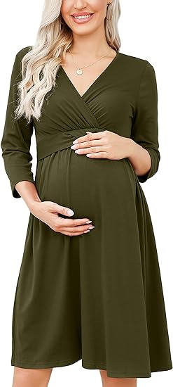 Photo 1 of FUNJULY Maternity Dress Women's Casual Ruffle Wrap V Neck Nursing Short Sleeve A Line Party Midi Dress for Baby Shower Size XL Army Green