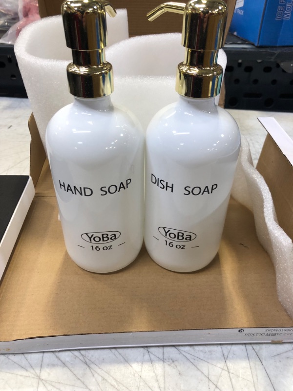 Photo 2 of YoBa Glass Soap Dispenser with Pump and Concrete Tray, Modern Farmhouse Decor 16oz Glass Kitchen Soap Dispenser Set with Gold-Plated Stainless-Steel Pump for Hand Soap, Dish Soap and Lotion