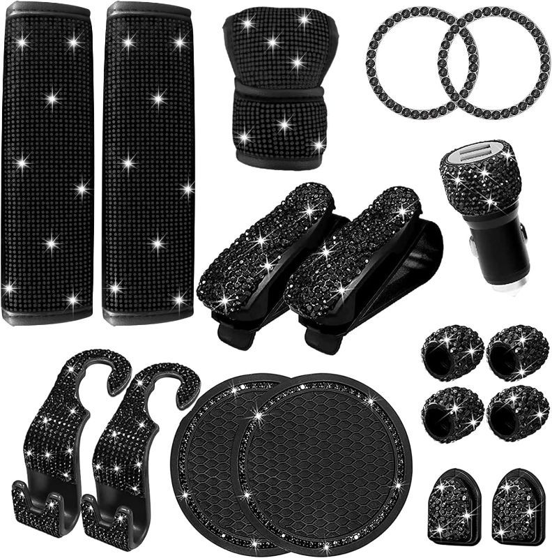 Photo 1 of Yixin 18 Pcs Bling Car Accessories Set, Seat Belt Covers, Handbrake Cover, Dual USB Charger, Shift Gear Coasters, Glasses Holders Start Button Ring (black)
