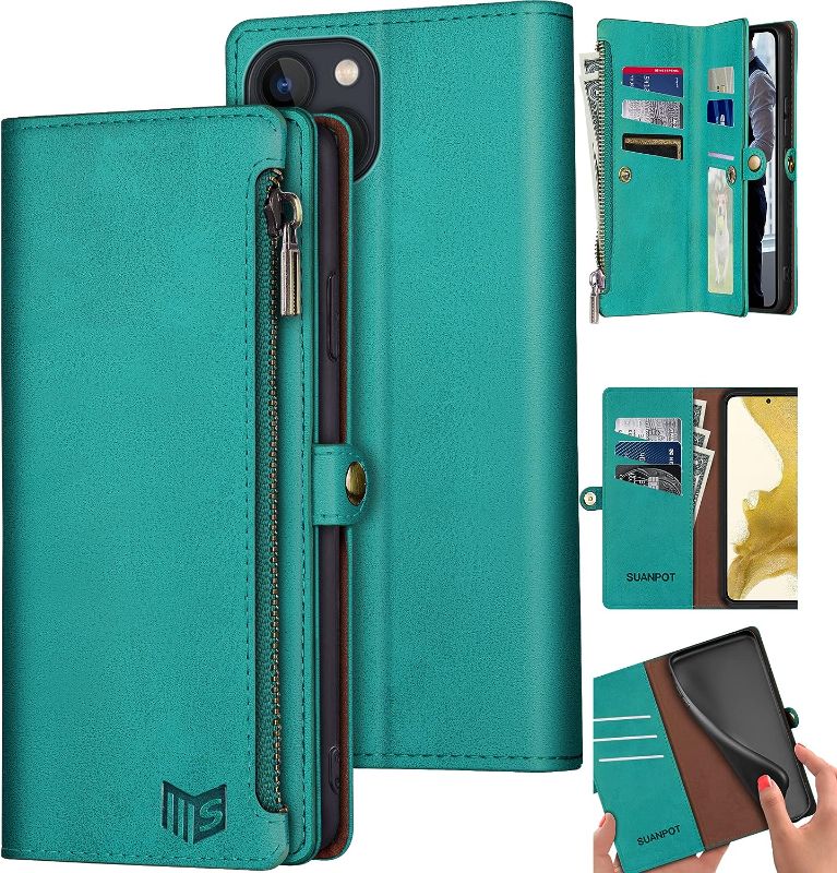 Photo 1 of SUANPOT for iPhone 14 6.1 inch Wallet case ?RFID Blocking??9 Card Slot??Pocket?,Credit Card Holder Flip Folio Book Zipper PU Leather Protective Cover Women Men for Apple 14 Phone case Blue Green
