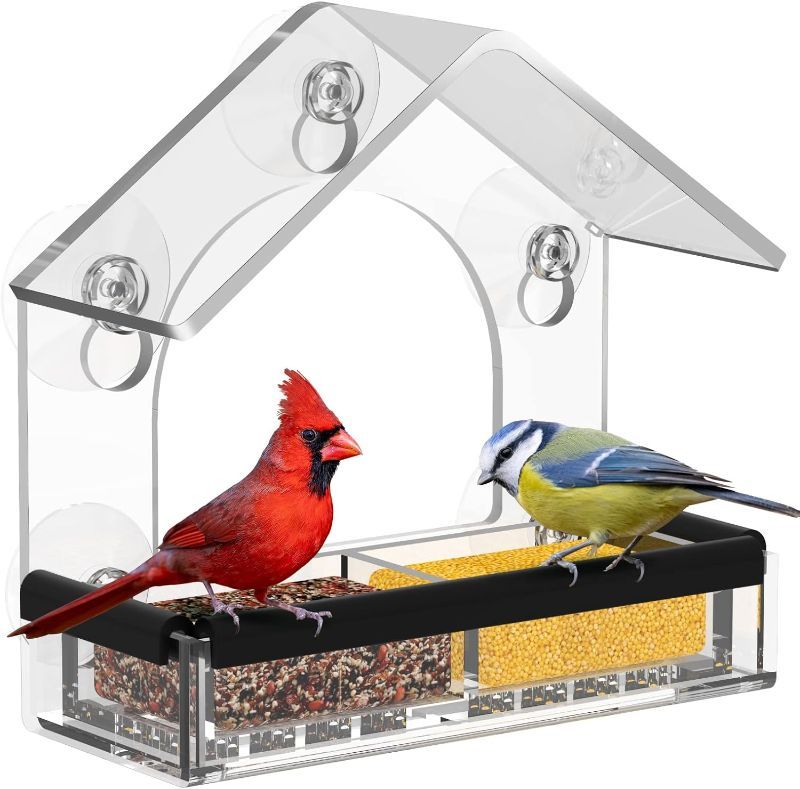 Photo 1 of BPYOT Acrylic Window Bird Feeder with 5 Suction Cups for Outside, Clear Viewing, and Drainage Holes - Perfect Gardening Gift for Watching Wild Birds and Keeping Cats Busy
