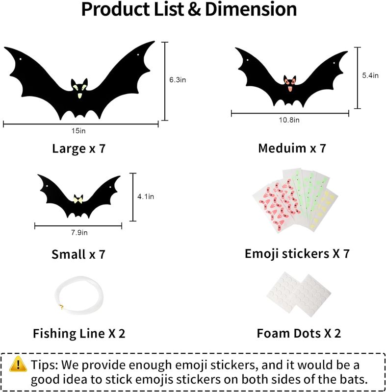 Photo 2 of 21PCS Hanging Bats Halloween Decorations - PUWUTO Large Plastic Halloween Bat Decor, 3 Different Size with Cute Eye Sticker, Halloween Outdoor Indoor Ornaments for Yard Tree Lawn Porch Party Supplies
