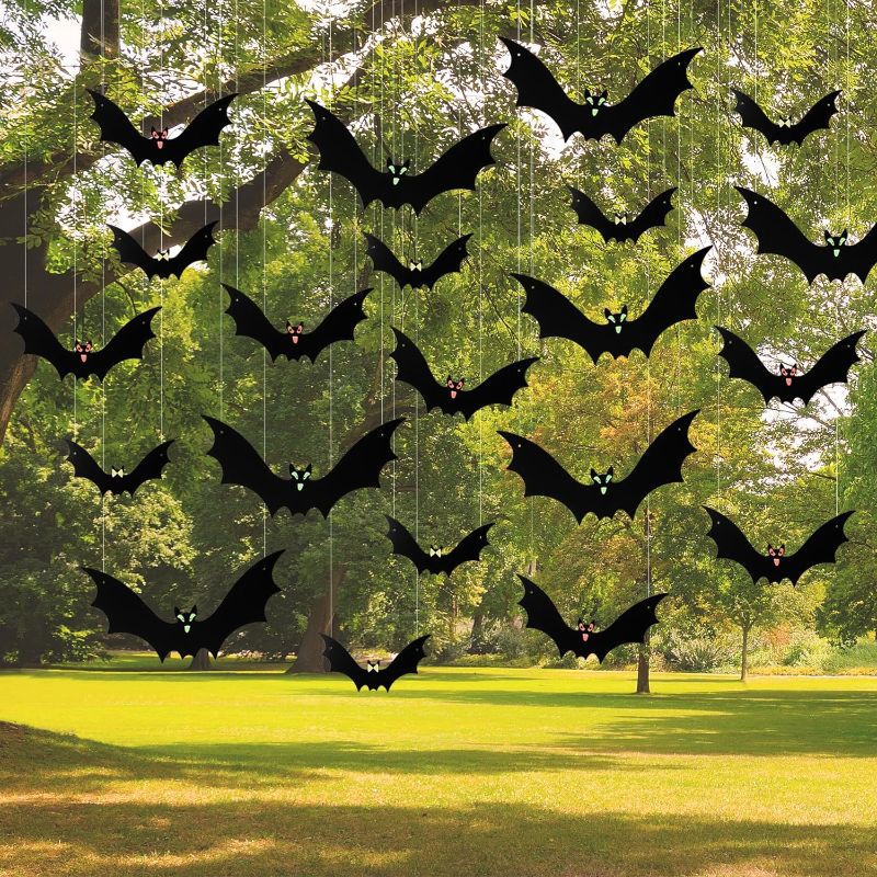 Photo 1 of 21PCS Hanging Bats Halloween Decorations - PUWUTO Large Plastic Halloween Bat Decor, 3 Different Size with Cute Eye Sticker, Halloween Outdoor Indoor Ornaments for Yard Tree Lawn Porch Party Supplies
