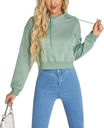 Photo 1 of Germinate Cropped Hoodie Women Summer Casual Thin Cotton Green Lightweight Crop Sweatshirt Sweater Pullover Top Size S 