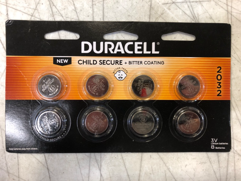 Photo 2 of Duracell CR2032 3V Lithium Battery, Child Safety Features, 8 Count Pack, Lithium Coin Battery for Key Fob, Car Remote, Glucose Monitor, CR Lithium 3 Volt Cell 8 Count (Pack of 1) 8 Count