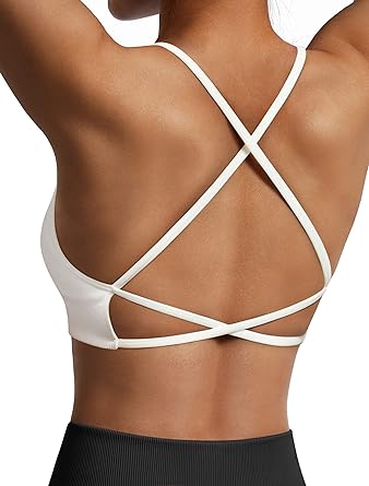 Photo 2 of 2 Pack OMKAGI Women Crisscross Backless Sports Bras Padded Open Back Strappy Yoga Bra Top Med White and Black 