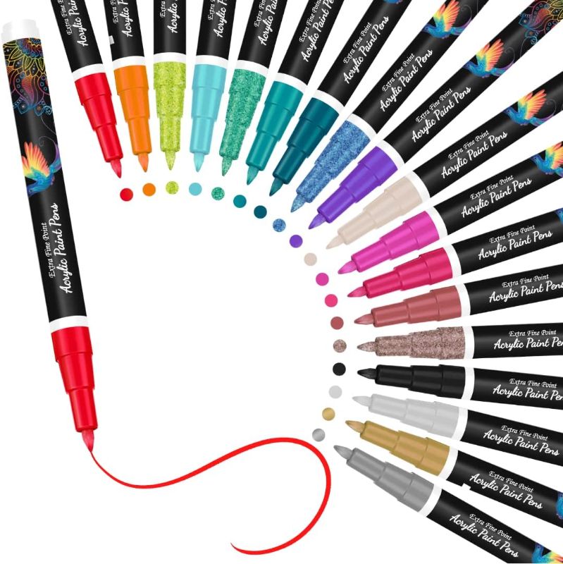 Photo 1 of Acrylic Paint Markers, 18 Colors, 0.7mm Fine Tip Art Markers, Paint Pens Paint Markers, Great for Rock Painting Glass Wood Ceramic Fabric Metal Canvas featuring 4 Metallics 4 Glitters