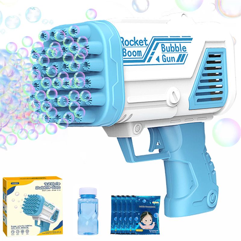 Photo 1 of Bubble Gun Bazooka, Bubble Machine 32 Hole Rich Bubbles, Bubble Blaster, Bubble Blower, Rocket Boom Bubble Machine Gun for Kids Toddlers, Party Favors Birthday Gift Blue