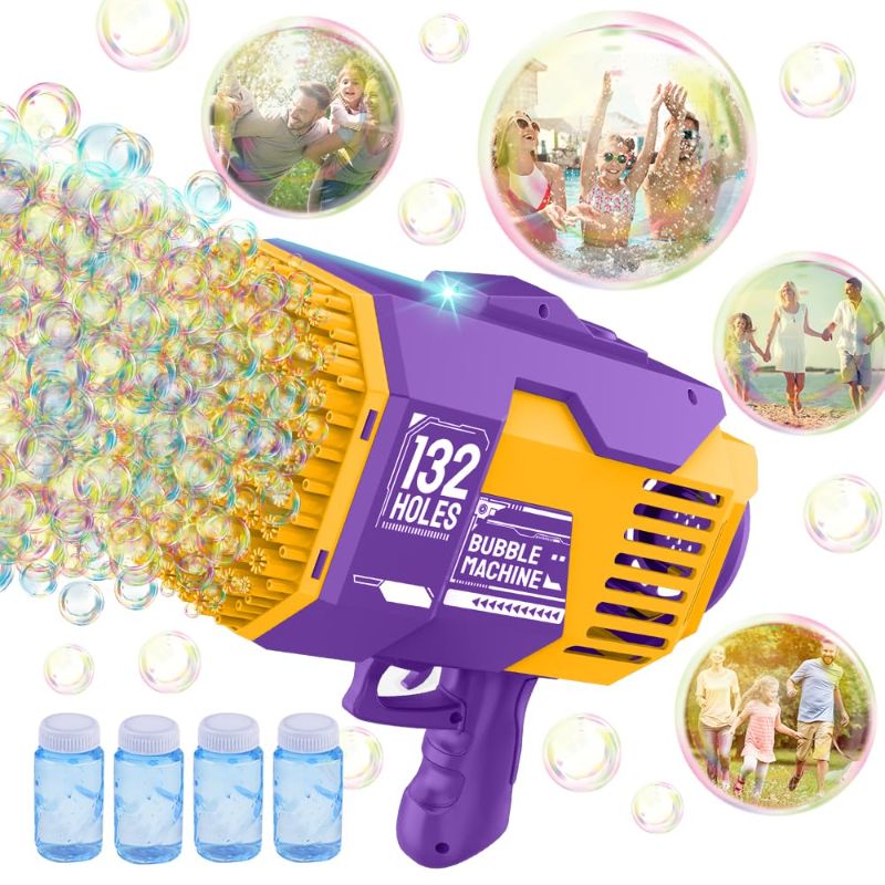 Photo 1 of Bubble Gun - 132 Holes Bubble Machine Gun, Bubble Blower with Colorful Lights, Summer Toys for Toddlers Kids Adults Summer Party Favors Outdoor Pool Toys (Purple)