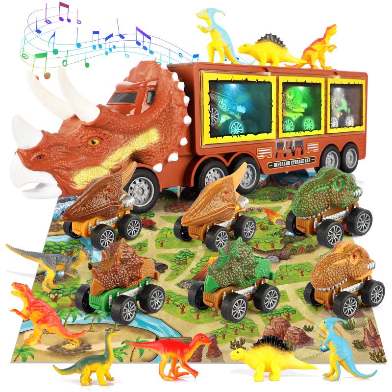 Photo 1 of BLUEJAY 21 Pack Dinosaur Toys for Kids 3-7, Dinosaur Truck with Oversized Dinosaur Map, Flashing Lights, Music and Roaring Sound, Kids Toys with 6 Pull Back Dinosaur Cars, 6 Dinosaur Toys (Brown) Brown2