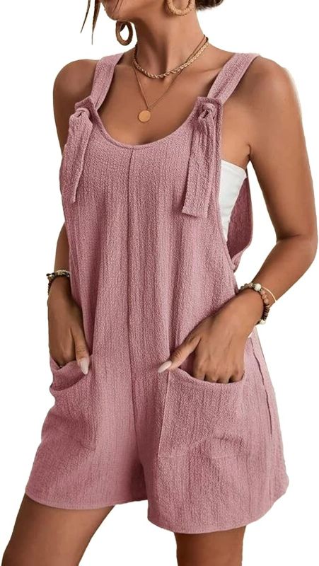 Photo 1 of Ainangua Women's Casual Loose Sleeveless Jumpsuit Shorts Linen Adjustable Knot Strap Short Overalls Pocketed Rompers Small Pink 